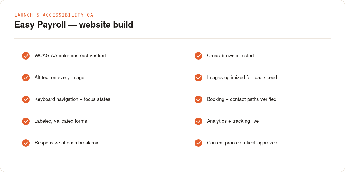Easy Payroll launch and accessibility QA checklist